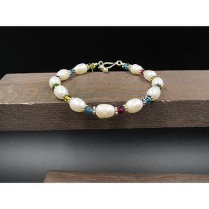 8 Inch Sterling Silver Real Pearls And Colorful Crystals Bracelet